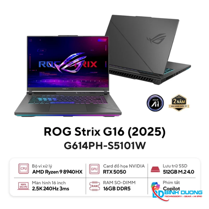 ASUS ROG Strix G16 G614PH-S5101W (Ryzen™ 9-8940HX | 16GB | 512GB | RTX 5050 8GB | 16.0 inch WQXGA 240Hz | Win 11 | Xám)
