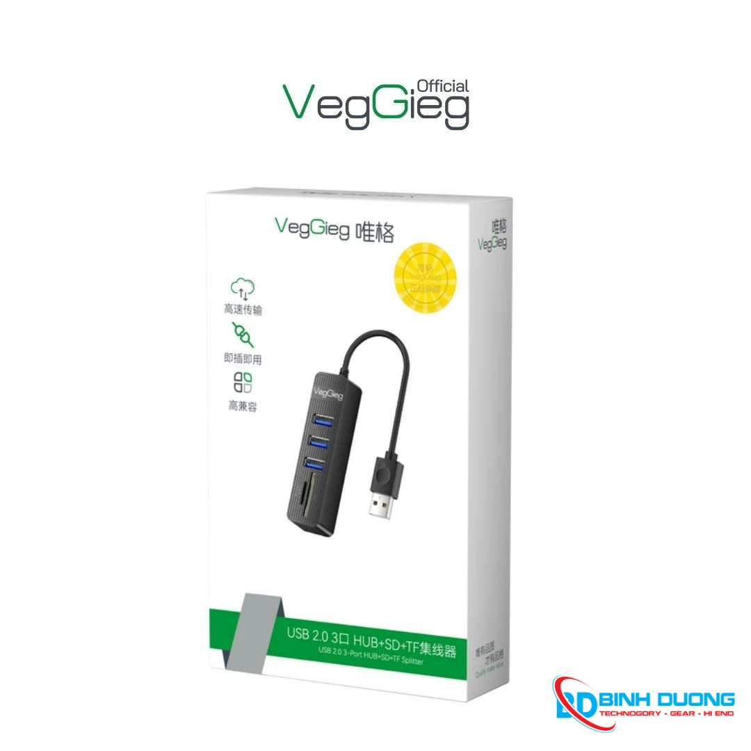 Bộ Chia USB2.0 ra 3 cổng USB2.0 + Đầu Đọc Thẻ (SD+TF 2 TRONG 1) - V-C303