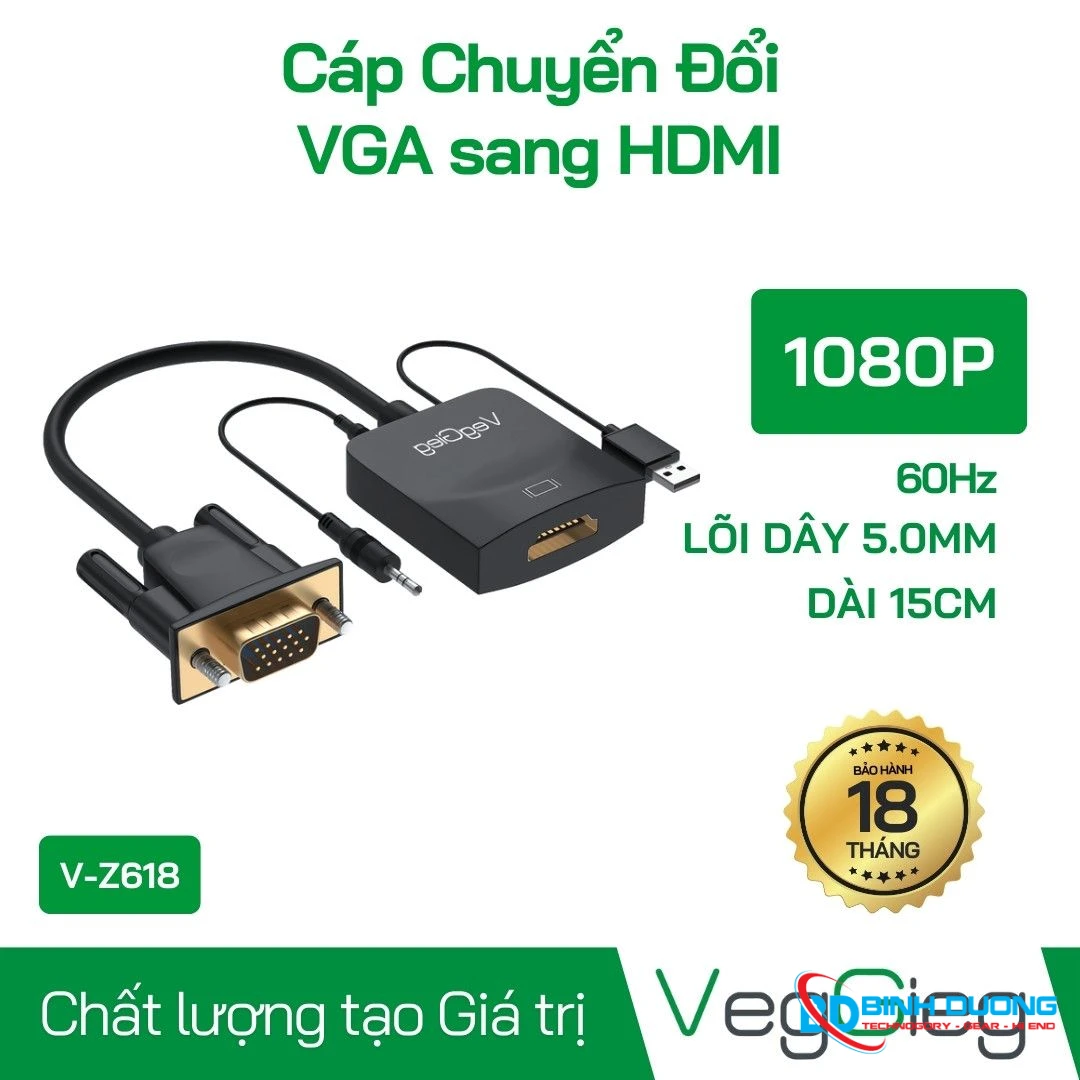 Bộ chuyển đổi VGA sang HDMI VegGieg V-Z618, hỗ trợ FullHD 1080P@60hz, có audio và trợ nguồn 5v - Chi tiết 1