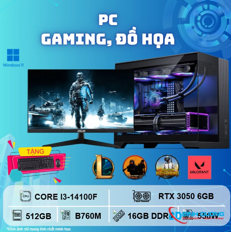 Bộ máy tính Gaming i3 14100F/ 16GB/ 512GB/ RTX 3050