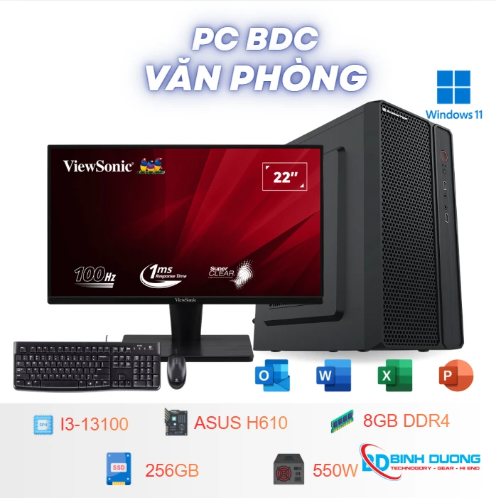 Bộ máy tính Văn phòng i3 13100/ RAM 8GB/ SSD 256GB/ H610/ 550W