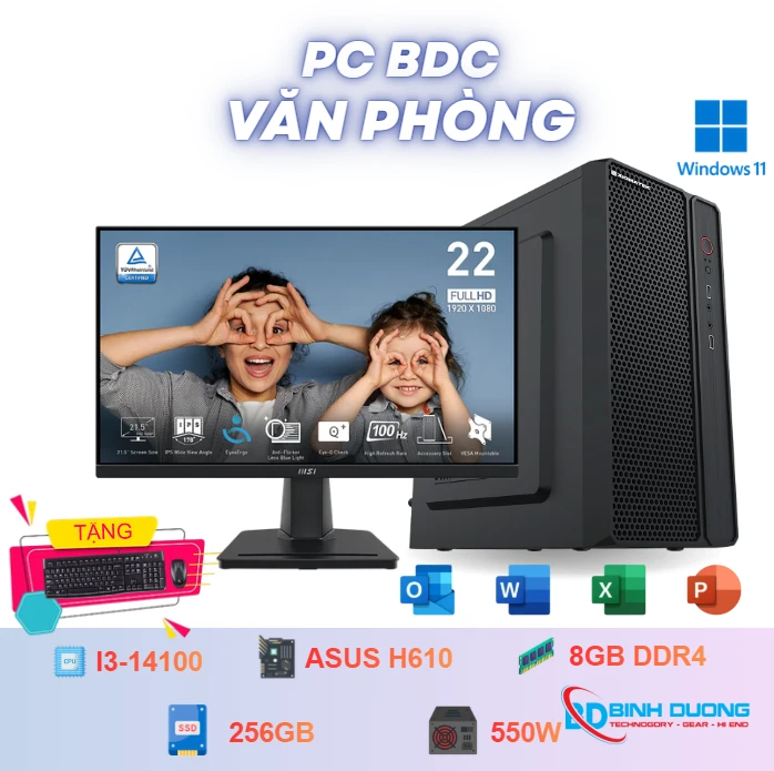 Bộ máy tính Văn phòng i3 14100/ RAM 8GB/ SSD 256GB/ 550W