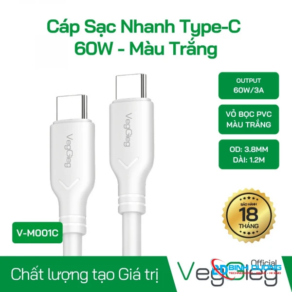 Cáp Sạc Nhanh VegGieg Type-C 60W Màu Trắng - V-M001C