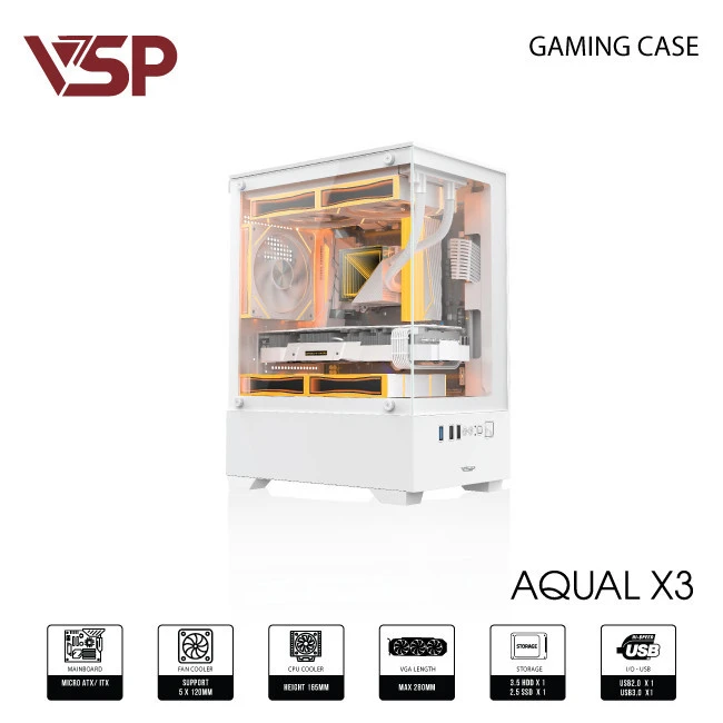 Case VSP Aqual X3 (Bể Cá, Chưa Fan, USB 3.0, M-ATX, Màu Trắng)