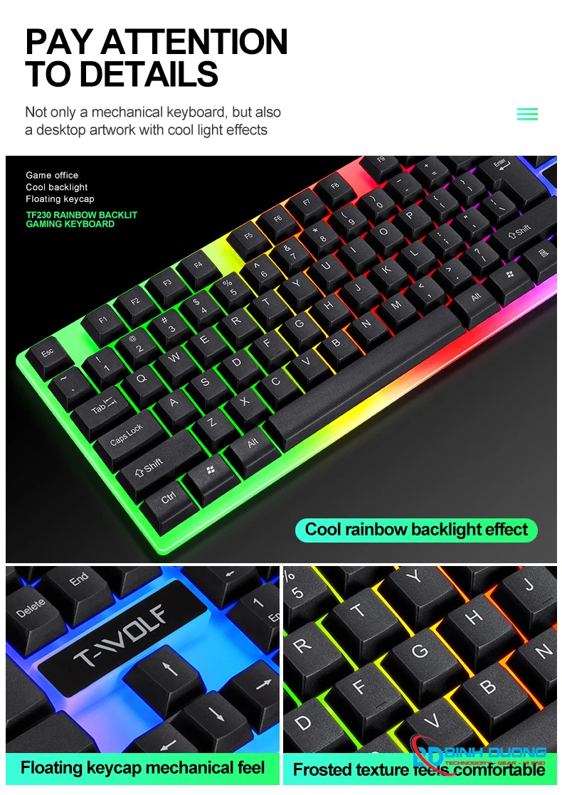 Combo Phím Chuột T-WOLF TF230 (USB/Black/104 LED Highcap key/1.5m/1200dpi/3 key/1.4m) - Chi tiết 1