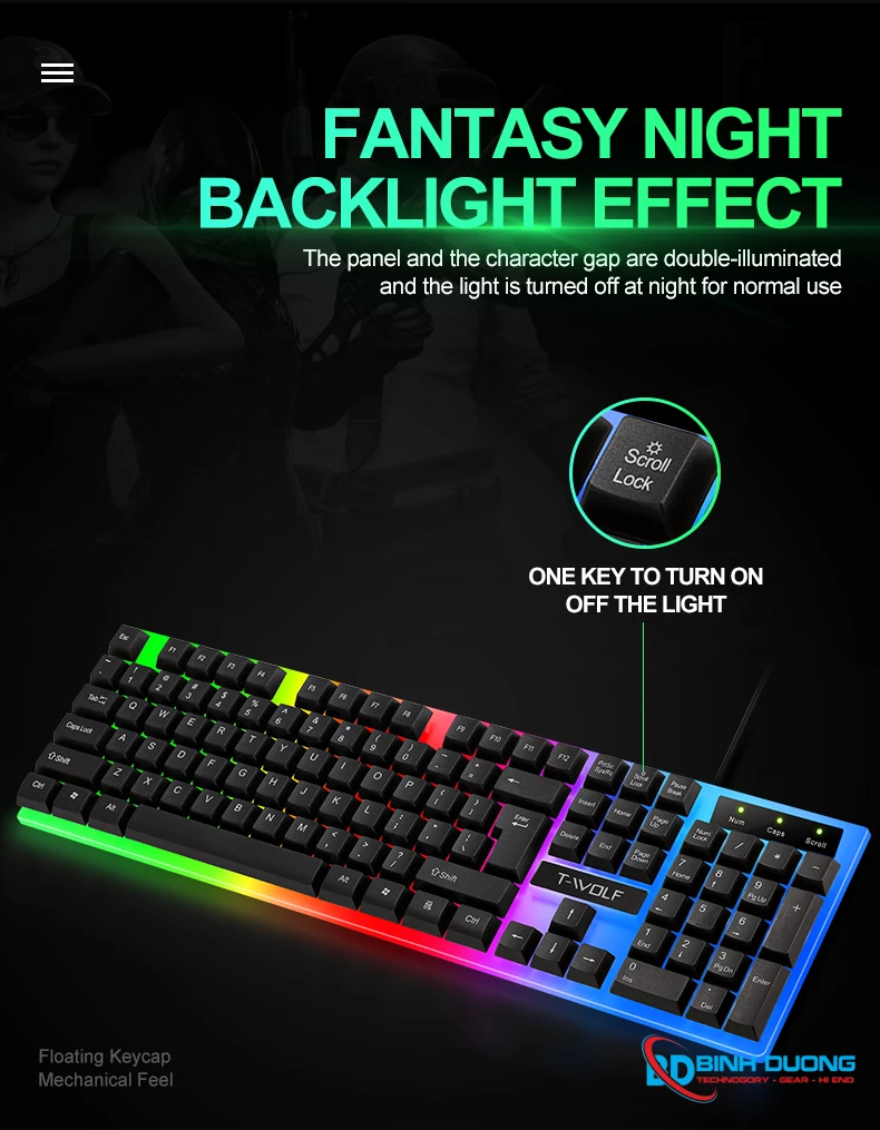Combo Phím Chuột T-WOLF TF230 (USB/Black/104 LED Highcap key/1.5m/1200dpi/3 key/1.4m) - Chi tiết 2