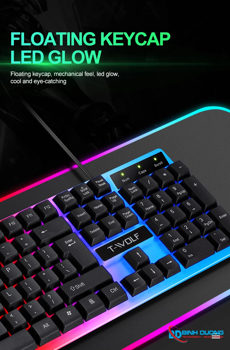 Combo Phím Chuột T-WOLF TF230 (USB/Black/104 LED Highcap key/1.5m/1200dpi/3 key/1.4m) - Chi tiết 4