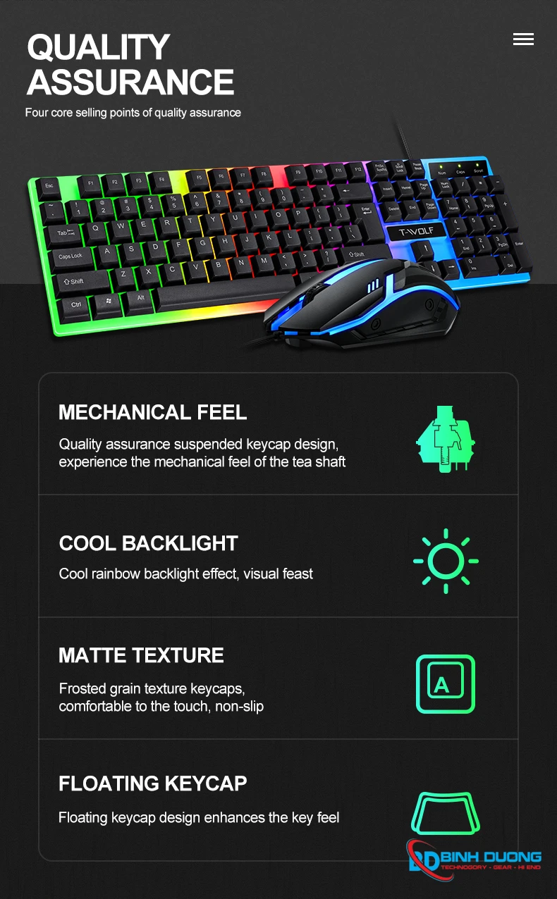 Combo Phím Chuột T-WOLF TF230 (USB/Black/104 LED Highcap key/1.5m/1200dpi/3 key/1.4m) - Chi tiết 7