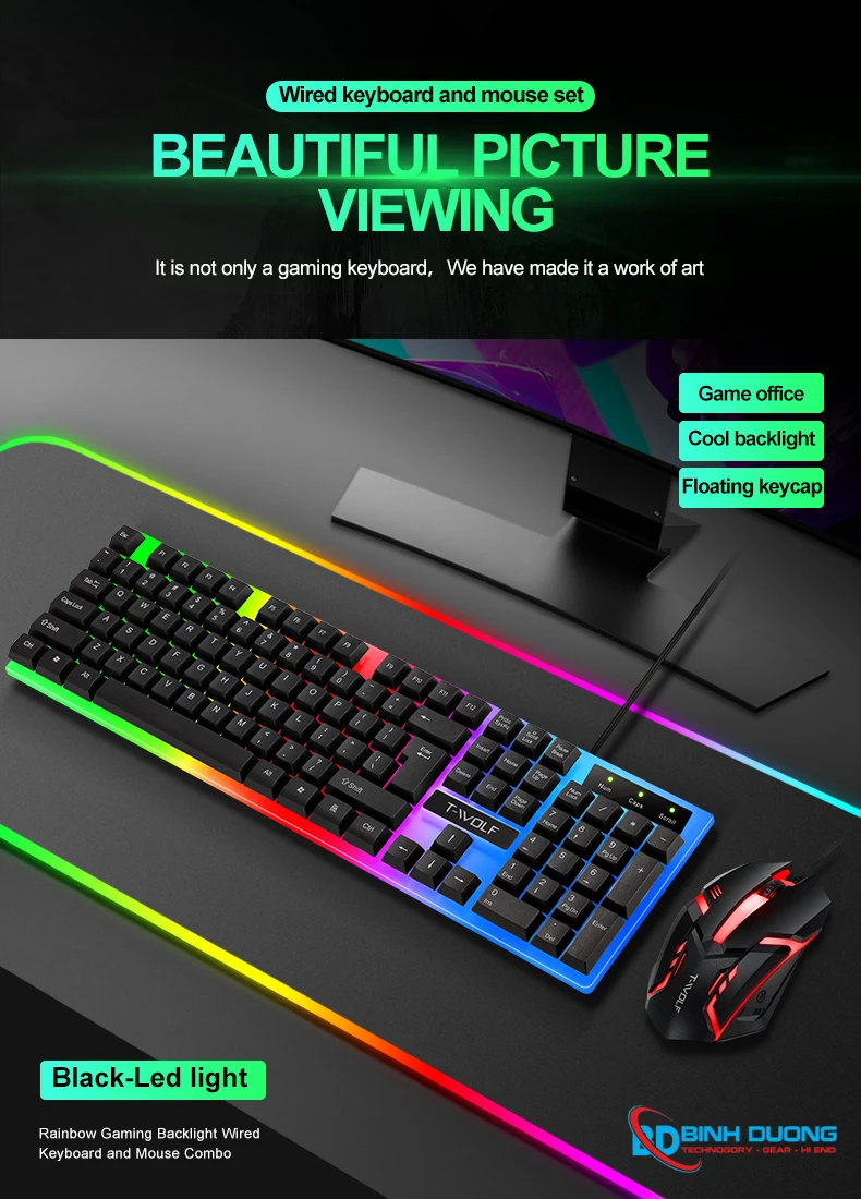 Combo Phím Chuột T-WOLF TF230 (USB/Black/104 LED Highcap key/1.5m/1200dpi/3 key/1.4m) - Chi tiết 10