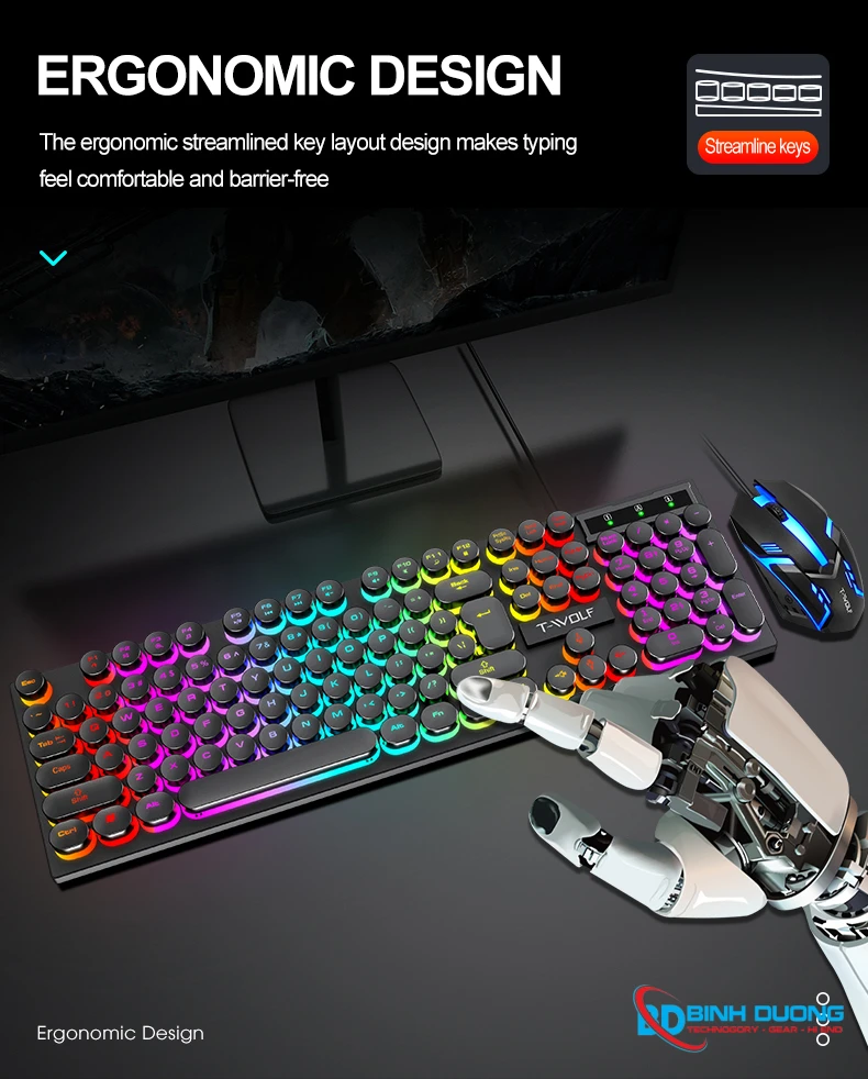 Combo Phím Chuột T-WOLF TF270 (USB/Black/104 LED Highcap key/1.3m/1200dpi/3 key/1.4m) - Chi tiết 2