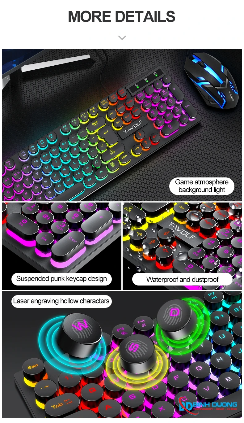Combo Phím Chuột T-WOLF TF270 (USB/Black/104 LED Highcap key/1.3m/1200dpi/3 key/1.4m) - Chi tiết 5