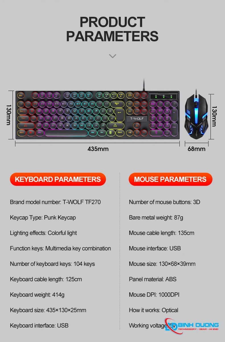 Combo Phím Chuột T-WOLF TF270 (USB/Black/104 LED Highcap key/1.3m/1200dpi/3 key/1.4m) - Chi tiết 6