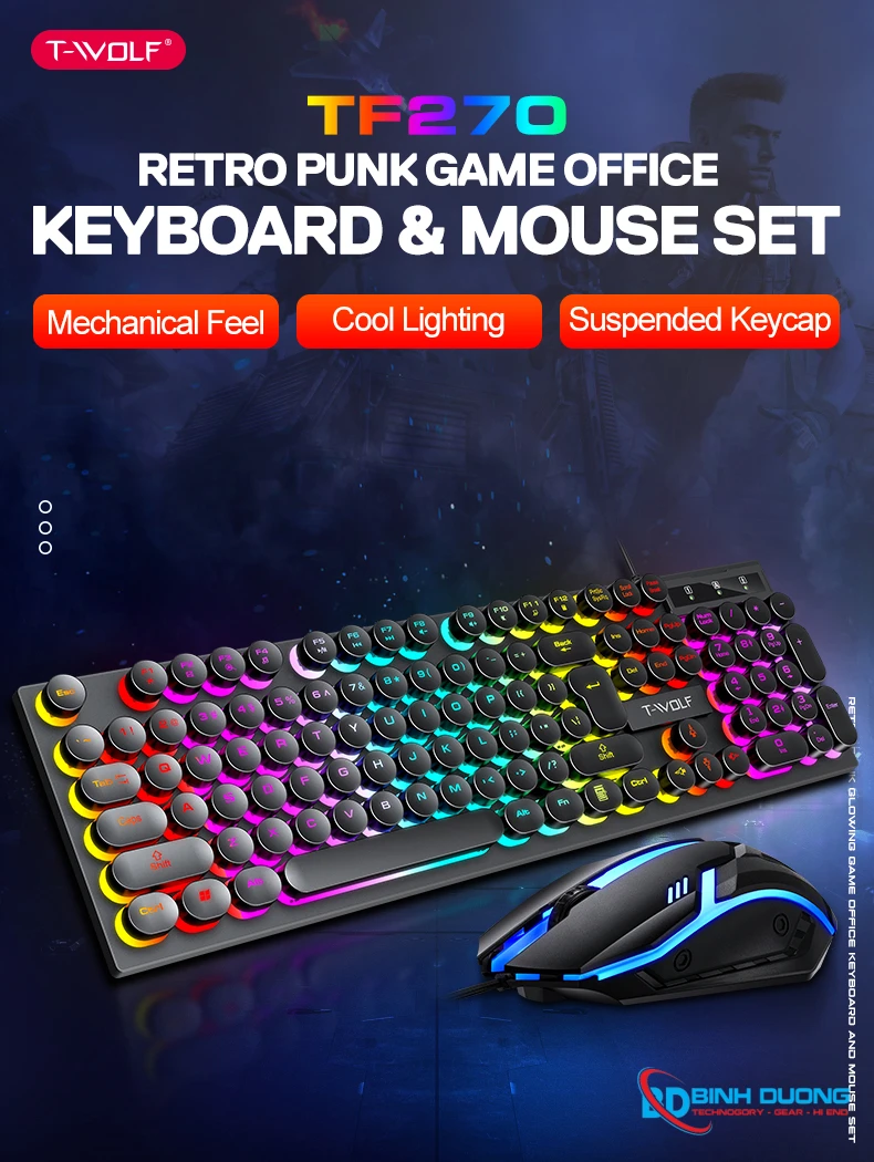 Combo Phím Chuột T-WOLF TF270 (USB/Black/104 LED Highcap key/1.3m/1200dpi/3 key/1.4m) - Chi tiết 13