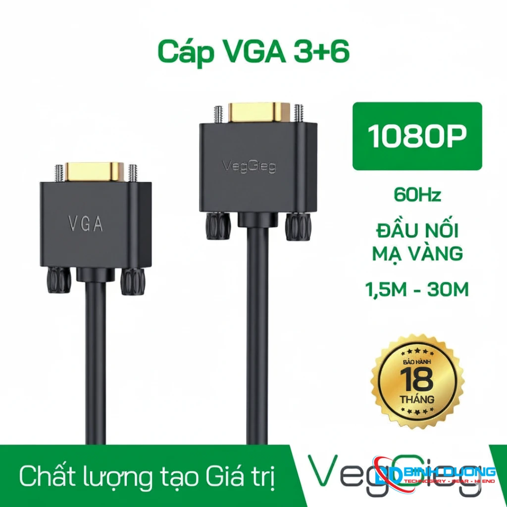 Dây Cáp VGA Veggieg V-V202 2 đầu dương Dài 1.5m FHD 1080