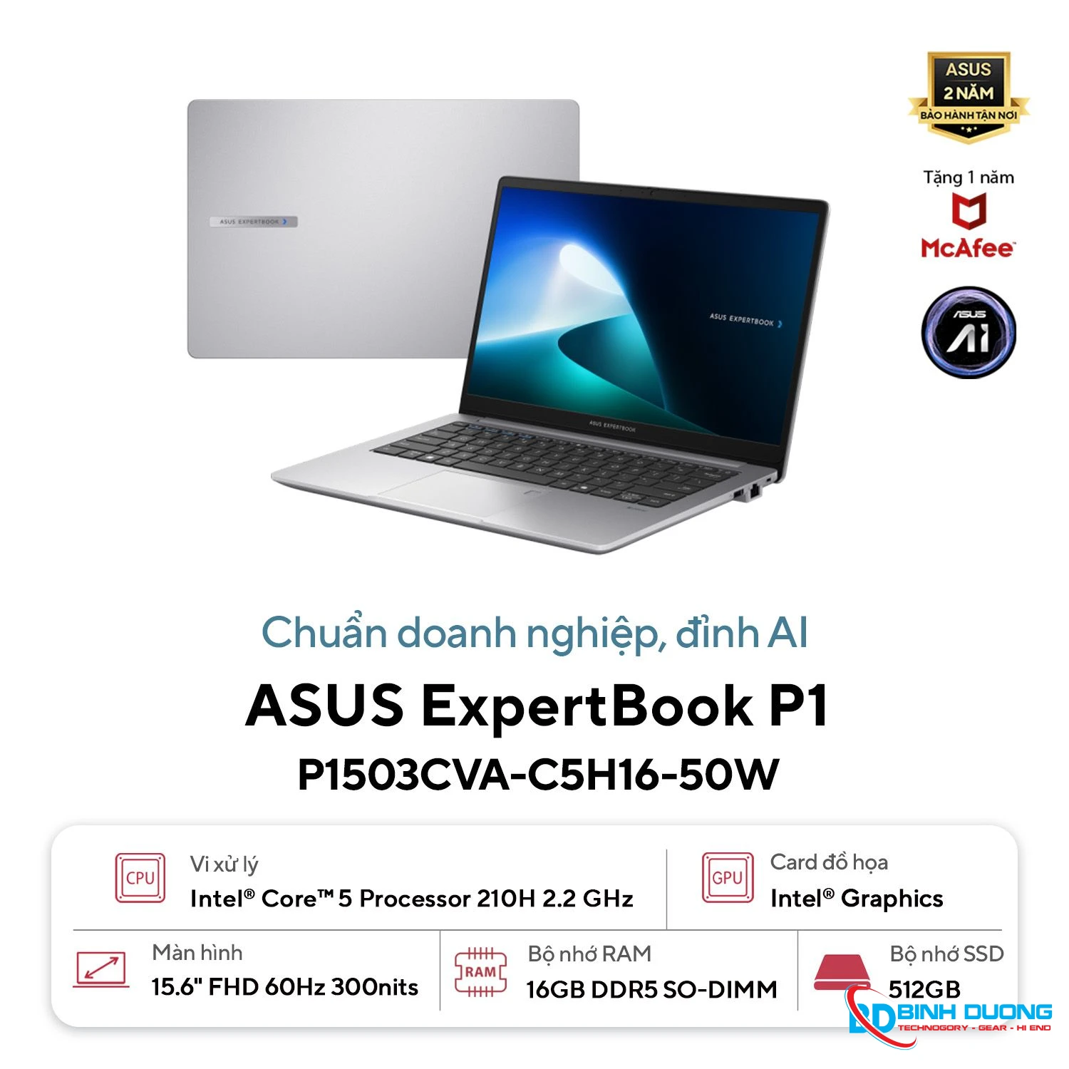 Laptop ASUS ExpertBook P1503CVA-C5H16-50W (Intel Core 5 Processor 210H | Intel Graphics | 15.6 inch FHD | 16GB | 512GB | Win 11 | Xám)
