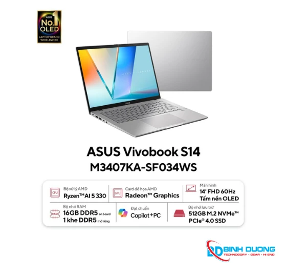 Laptop Asus VivoBook M3407KA-SF034WS (R5 AI 330/16GB RAM/512GB SSD/14 WUXGA/Win11&Office365/Bạc)