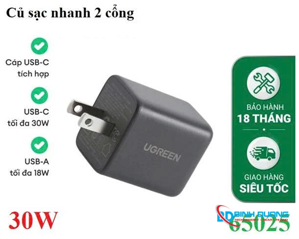 Sạc Điện Thoại Fast Charger GaN 30W (1 Cổng USB 18W/ 1 Cổng sạc nhanh Type-C 30W) Ko Kèm Cáp màu đen Ugreen 65025 - Hình ảnh thực tế Mua Sạc Điện Thoại Fast Charger GaN 30W (1 Cổng USB 18W/ 1 Cổng sạc nhanh Type-C 30W) Ko Kèm Cáp màu đen Ugreen 65025 chính hãng tại Bình Dương Computer Store